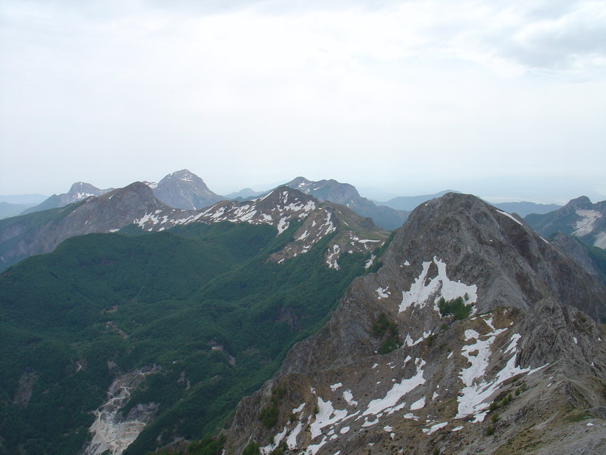 Da sinistra il Sumbra, il Fiocca, il monte Alto di Sella, le Panie, il Corchia, l'Altissimo.