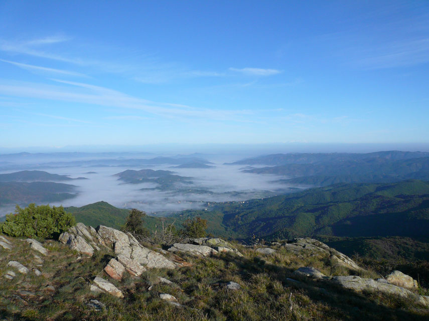 Panorama sull'Acquese dal monte Avzè. La nebbia lascia scoperte le cime delle colline.