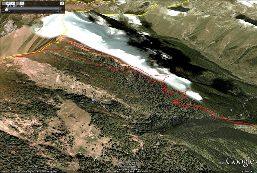Il tracciato rilevato con il GPS durante l'escursione. Quello più in alto è l'itinerario fatto in salita lungo la dorsale. Quello più in basso è il percorso seguito in discesa all'interno del vallone del Rio Giairetto