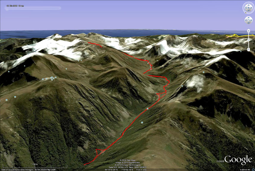 Il tracciato dell'escursione rilevato con il gps. L'itinerario percorre la lunga valle Ellero fin sotto la Cima delle Saline, poi piega a sinistra e risale i pendii che conducono alla dorsale Mondolè - Mongioie in corrispondenza della Cima Seirasso