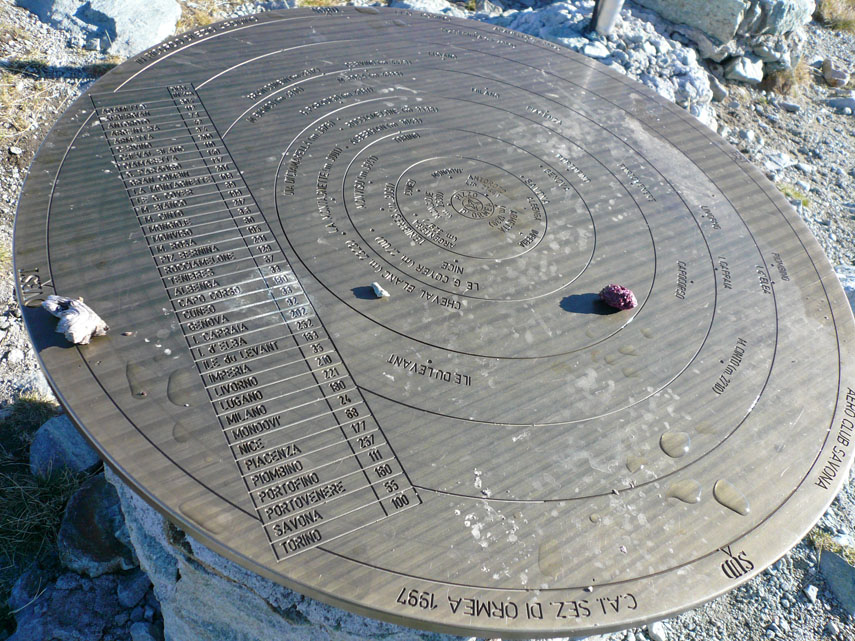 Su questo bel disco in ottone sono riportate le direzioni e le distanze delle vette più importanti delle Alpi e dell'Appennino, nonchè delle principali città