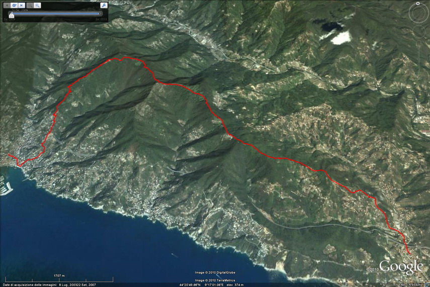 Il tracciato gps: da Chiavari (a destra) al Santuario di Montallegro (sopra Rapallo) e discesa a Rapallo