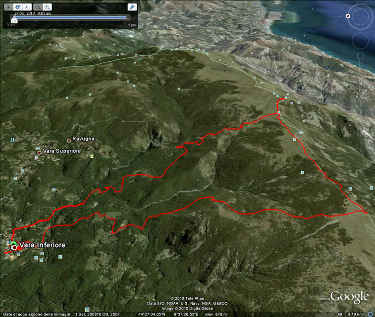 Il tracciato gps mostra la salita al Piano del Bric Damè (traccia rossa bassa), l'Alta Via fino al Rifugio Argentea e il ritorno da Pian di Lerca a Vara attraverso la sterrata della Bucastrella (traccia rossa alta)