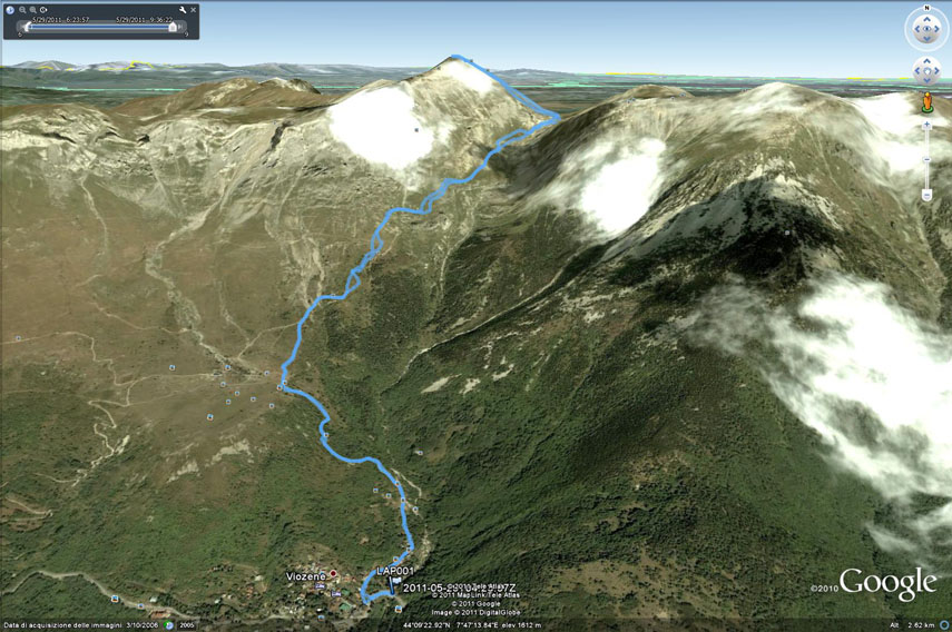 Il tracciato dell'escursione rilevato con il gps. Classico itinerario di salita con partenza da Viozene - Pian Rosso - Pian dell'Olio - Bocchino dell'Aseo - Monte Mongioie. Discesa lungo lo stesso percorso