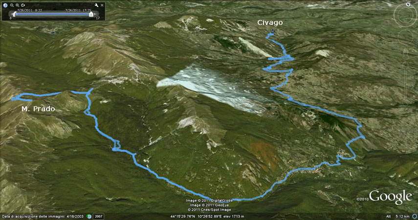 Il tracciato dell'escursione rilevato con il gps. Partenza dalle ultime case di Civago - salita nella Valle del Dolo fino al Rifugio Segheria dell'Abetina Reale - Passo di Lama Lite - Lago Bargetana - Monte Prado. Ritorno per lo stesso itinerario di salita