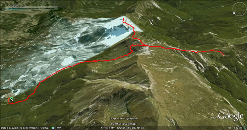 Il tracciato dell'escursione rilevato con il gps. Partenza da Pian Vallese sopra Febbio (a sinistra nell'immagine) - salita al Passone - deviazione verso sud-ovest al Passo e all'Alpe di Vallestrina (in alto nell'immagine) - ritorno al Passone - discesa al Rifugio Cesare Battisti (a destra). Ritorno lungo stesso itinerario escludendo, s'intende, l'Alpe di Vallestrina