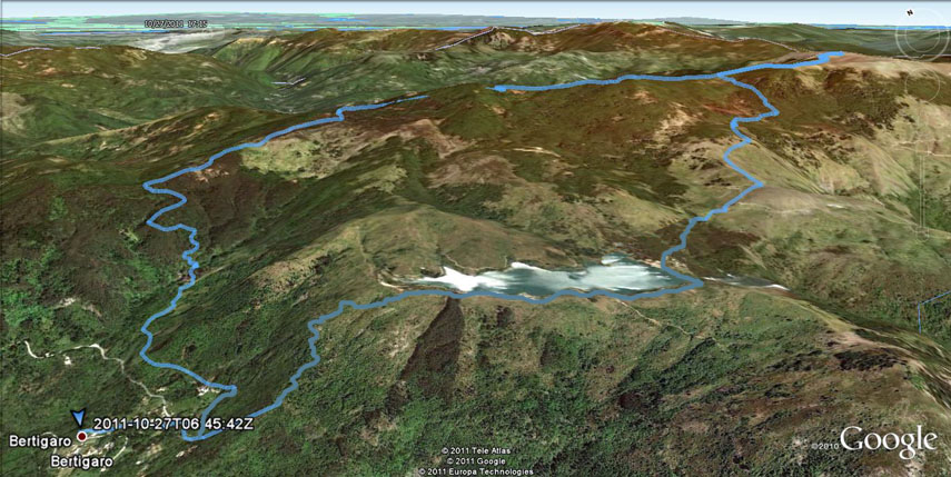 Il tracciato dell'escursione rilevato con il gps (l'anello è stato percorso in senso orario). Partenza da Bertigaro - salita al Passo delle Rocche (o della Bisinella) - Cappella delle Lame - Passo Pre de Lame - Monte Aiona - Passo Pre de Lame - discesa al Lago di Giacopiane - Bertigaro