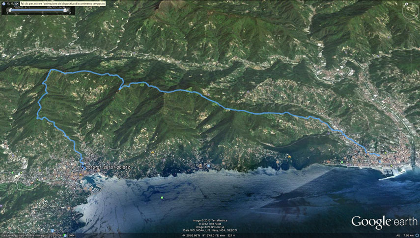 Il tracciato dell'escursione rilevato con il gps. Partenza da Chiavari (a destra) - San Pier di Canne - Pendici Monte Anchetta - Santuario di Montallegro - Passo della Crocetta - Monte Pegge - Rapallo