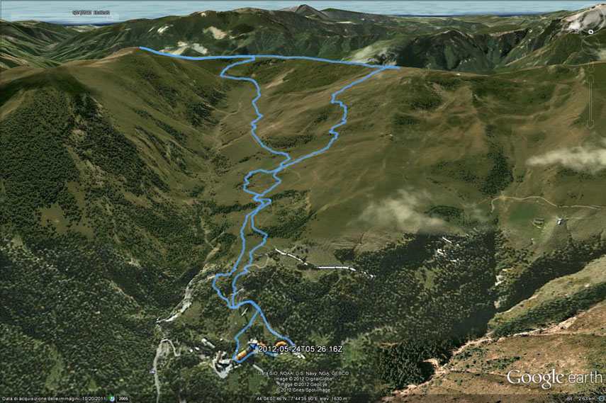Il tracciato dell'escursione rilevato con il gps. Partenza dalla seggiovia di Monesi - Margheria Panizzi - Passo di Garlenda - Monte Frontè - Passo di Garlenda - Rifugio Sanremo - Margheria Panizzi - Monesi