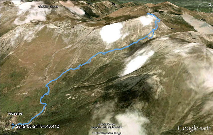 Il tracciato dell'escursione rilevato con il gps. Partenza da Viozene - Pian Rosso - Pian dell'Olio - canale alla base della parete sotto il Bocchino dell'Aseo - Monte Mongioie. Discesa lungo lo stesso percorso