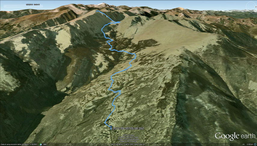Il tracciato dell’escursione rilevato con il gps. Partenza da Valdinferno - Case Mulattieri - Vallone del Rio della Bura - Colla Bassa - sperone nord-est dell’Antoroto - Monte Antoroto. Ritorno per lo stesso percorso dell'andata
