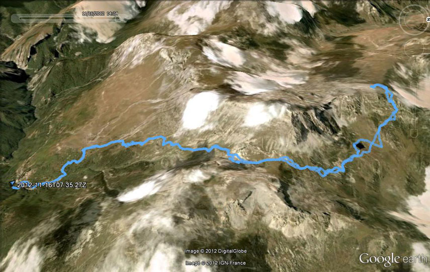 Il tracciato dell'escursione rilevato con il gps (da sinistra a destra). Partenza da Viozene - Pian Rosso - Pian dell’Olio - Bocchino dell’Aseo - discesa nell’alto Vallone del Raschera - Lago Raschera - salita per ripidi pendii e poi lungo un canalone sul versante est della Brignola - Cima della Brignola. Ritorno per lo stesso itinerario di salita