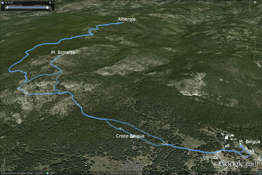 Il tracciato dell’escursione rilevato con il gps. Partenza da Alberola - località Veirera - pendici ovest e sud Monte Ermetta - Sella del Beigua - Monte Beigua - Sella del Beigua - Croce Monumentale - pendici sud Monte Ermetta - Monte Ermetta - località Veirera - Alberola