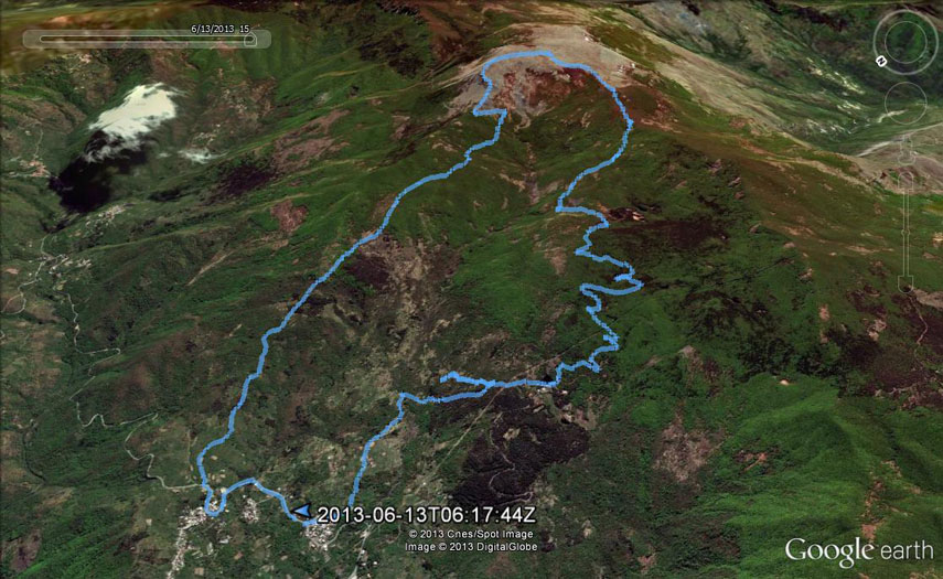 Il tracciato dell’escursione rilevato con il gps (l'anello è stato percorso in senso orario). Partenza da Cerisola - strada provinciale fino a Villanoce - Cian de Frunzun - Passo del Cerighetto - cresta nord dell’Aiona - cima nord dell’Aiona - Monte Aiona - Cian de Pumme - Passo Prè de Lame - incrocio con sentiero A2-PNX (svolta a sinistra) - Riserva delle Agoraie - Lago delle Lame - errore di percorso su di una comoda stradina nel bosco - Ponte sul Torrente Rezzoaglio - Cerisola