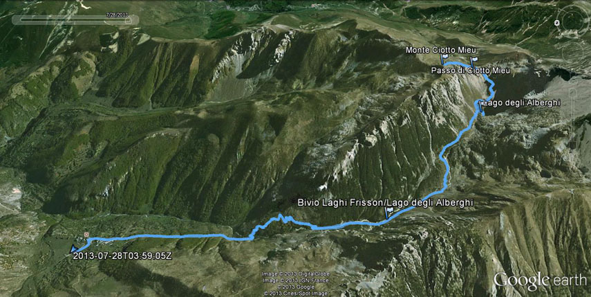 Il tracciato dell’escursione rilevato con il gps. Partenza da Palanfrè - Vallone degli Alberghi - bivio a sinistra per il Lago degli Alberghi - Lago degli Alberghi - Passo di Ciotto Mieu - Monte Ciotto Mieu. Discesa per lo stesso itinerario