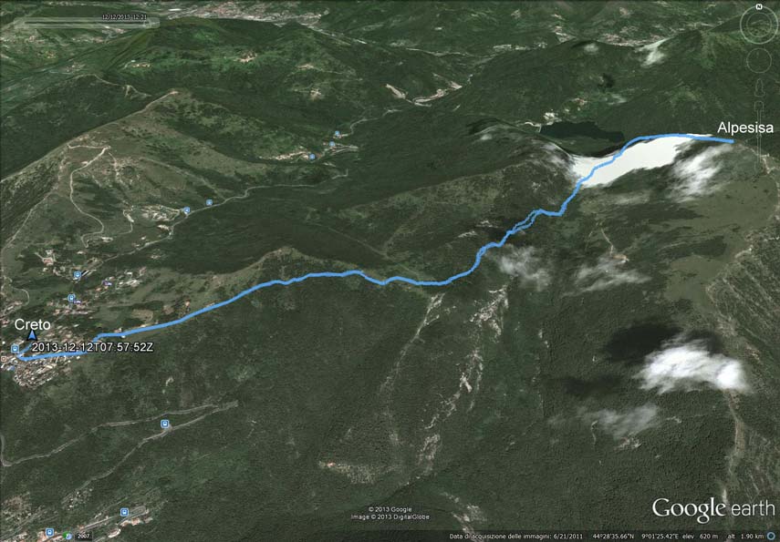 Il tracciato dell'escursione rilevato con il gps. Partenza dal Colle di Creto - versante sud del Monte Cornua - Gola di Sisa - pendici nord-ovest dell'Alpesisa - Monte Alpesisa. Ritorno per lo stesso percorso dell'andata