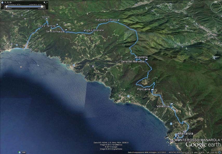 Il tracciato dell'escursione rilevato con il gps. Partenza da Monterosso al Mare - Santuario di Soviore - Colla del Termine - Sella Schisarola - Foce di Drignana - Sella Malpertuso - Piana della Corvara - Cigoletta - Sella del Marvede - Porciana - Volastra - Manarola