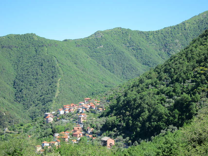 Il panorama si apre sui monti che coronano la Val Bisagno, sul borgo di Cartagenova, ...