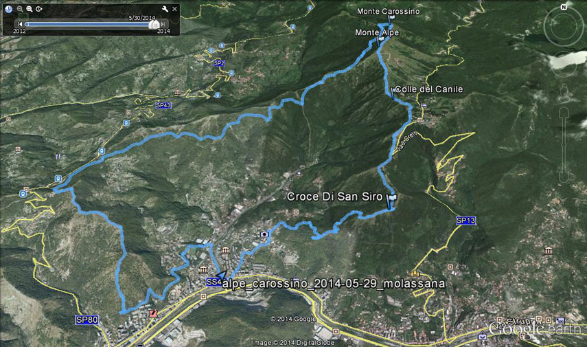 Il tracciato dell'escursione rilevato con il gps (l'anello è stato percorso in senso antiorario). Partenza da Molassana - Salita Giò Maria Cotella - Via alle Piane di Molassana e Salita alla Costa di Molassana - Terre Rosse - Castelluzzo - Terre Rosse - Croce di San Siro - Colle di Creto - Colle del Canile - Monte Alpe - Monte Carossino - Monte Mezzano - Via dell'Acquedotto - Crociera di Pino - Monte Bastia - Monte Trensasco - Monte Pinasco - Antico Acquedotto - Pino Sottano - Molassana