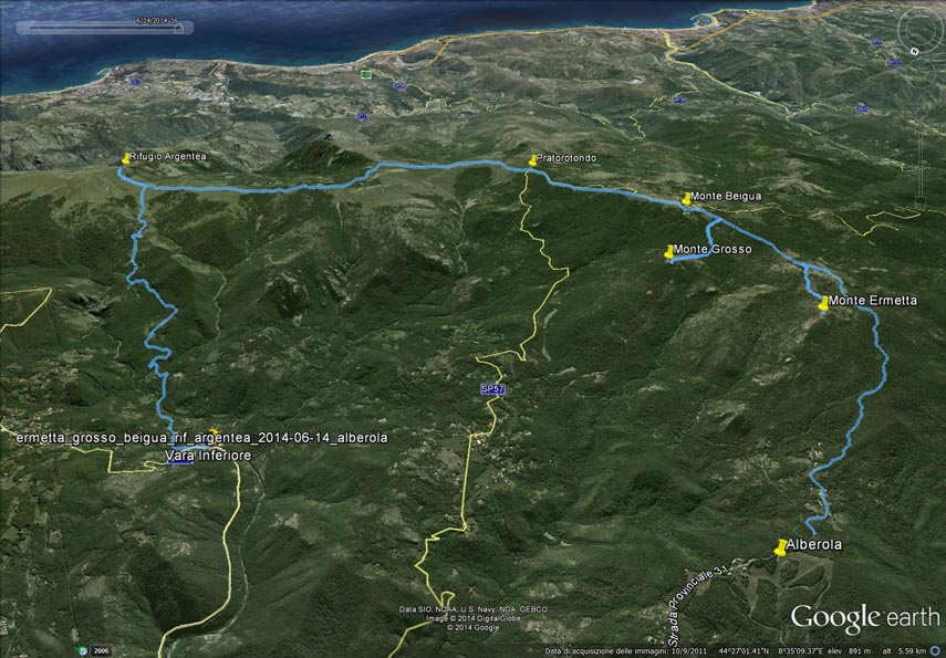 Il tracciato dell’escursione rilevato con il gps. Partenza dalla provinciale tra Alberola e Veirera - località Veirera (m. 979) - pendici ovest e sud dell'Ermetta - Monte Ermetta (m. 1267) - Sella del Beigua (m. 1251) - Monte Grosso (m. 1265) - Sella del Beigua - Monte Beigua (Chiesetta Regina Pacis, m. 1287) - Pratorotondo (m. 1108) - Prato Ferretto - colle sud del Bric Resonau (m. 1086) - Piano del Bric Damè - Cima del Pozzo (m. 1103) - Passo Pian di Lerca (m. 1034) - Cima Pian di Lerca (Rifugio Argentea, m. 1090) - Passo Pian di Lerca - strada sterrata Tenuta Bucastrella - ponte sull’Orba (m. 635) - Vara Inferiore (m. 672)