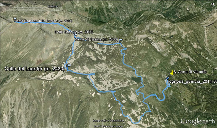 Il tracciato dell’escursione rilevato con il gps (l’anello è stato percorso in senso orario). Partenza dal Santuario di Sant’Anna di Vinadio (m. 2035) - “masso dell’Apparizione” (m. 2066) - Lago di Sant’Anna (m. 2167) - Passo di Tesina (m. 2400) - pendici settentrionali della Testa Auta del Lausfer - Colle Saboulè (m. 2460) - traccia a mezzacosta sul versante meridionale delle Rocche di Saboulè - sella tra le Rocche di Saboulè e l’anticima della Testa Rognosa - anticima nord-orientale della Testa Rognosa (m. 2685) - Testa Rognosa della Guercia (m. 2693). Al ritorno stesso percorso fino al Colle Saboulè - pendici sud-occidentali della Testa Auta del Lausfer - Lago Superiore del Lausfer (m. 2357) - Colle del Lausfer (m. 2430) - rotabile ex-militare (scorciatoie) - Lago del Colle di Sant’Anna (m. 2155) - “masso dell’Apparizione” - Santuario di Sant’Anna