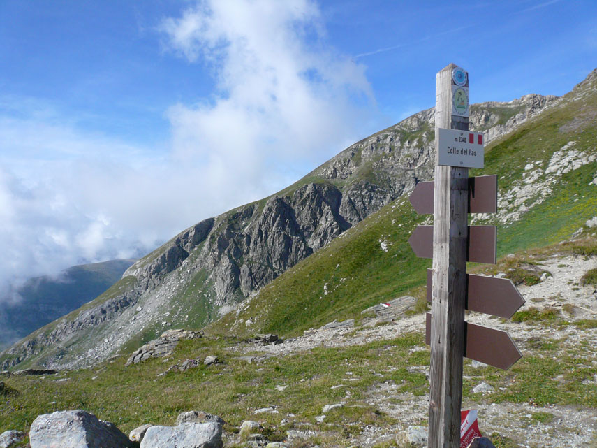 Il sentiero sale poi con maggior decisione fino all’ampia insellatura del Colle del Pas (m. 2340) che mette in comunicazione la valle dell’Ellero con l’alta Val Tanaro