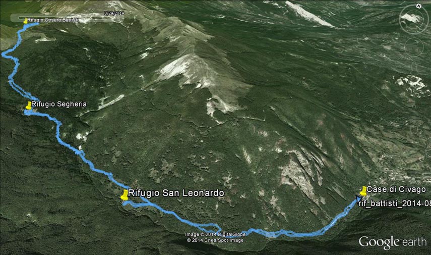 Il tracciato dell'escursione rilevato con il gps. Partenza dalle case di Civago (m. 1046) - sentiero n.605 che risale l'Alta Val Dolo nel cuore dell'Abetina Reale - Rifugio Casa del Custode e Rifugio Segheria (m. 1410) - Passo di Lama Lite (m. 1771) - Rifugio Cesare Battisti (m. 1761). Ritorno sullo stesso itinerario dell'andata eccetto la deviazione per il Rifugio San Leonardo (m. 1240)