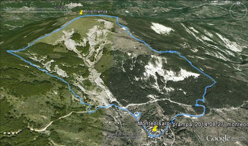 Il tracciato dell'escursione rilevato con il gps (l'anello è stato percorso in senso orario). Partenza da Monteorsaro (1236, circa 5 km sopra Febbio) - Rifugio Monteorsaro (m. 1300) - sentiero n.621 - Sella del Prampa o Passo della Croce (m. 1550) - cresta sud-occidentale del Prampa - Monte Prampa (m. 1698) - cresta nord-orientale del Prampa - sentiero n.621B - Monteorsaro