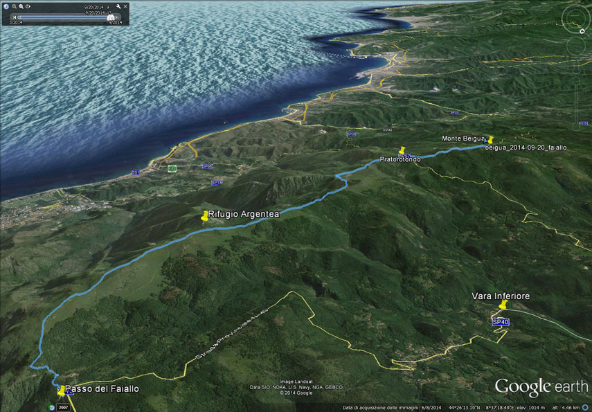 Il tracciato dell’escursione rilevato con il gps. Partenza dal Passo del Faiallo (m. 1061) - Monte Reixa (m. 1183) - Passo Vaccaria (m. 1115) - pendici sud della Rocca Vaccaria - pendici nord della Cima Pian di Lerca - Passo Pian di Lerca (m. 1034) - Cima del Pozzo (riparo, m. 1103) - Bric Sciue Gianche (1172) - Piano del Bric Damè - colle sud del Bric Resonau (1086) - Prato Ferretto - pendici sud Cima Frattin - Pratorotondo (1108) - pendici sud-est del Beigua - Monte Beigua (1287)