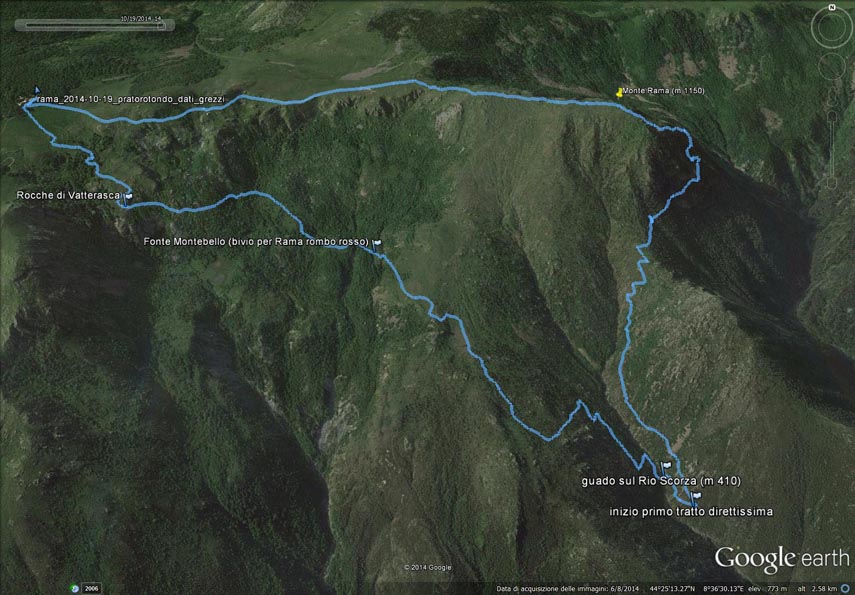 Il tracciato dell’escursione rilevato con il gps (l’anello è stato percorso in senso antiorario). Partenza da Pratorotondo (m. 1108) - Rocche di Vatterasca (m. 960) - sorgente Montebello (m. 750) - Vallone del Rio Scorza - guado del Rio Scorza (m. 410 circa) - inizio primo settore della Via Direttissima al Rama - innesto con itinerario Lerca-Rama - Passo Camulà (m. 790) - Via Diretta al Rama (pallino rosso) - Monte Rama (m. 1148). Al ritorno discesa al colle sud del Bric Resonau (m. 1091) - Prato Ferretto - Casa della Miniera - Pratorotondo