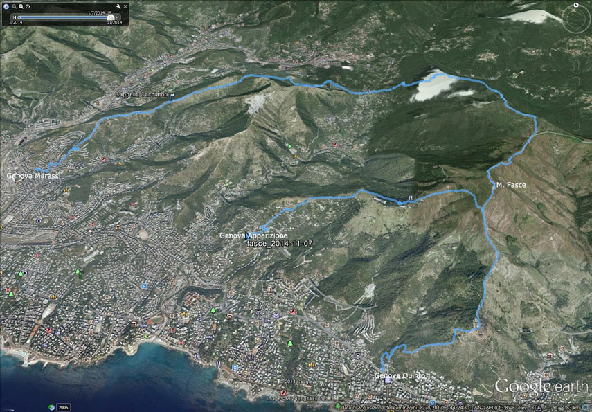 Il tracciato dell'escursione rilevato con il gps. Partenza da Marassi - Forte di Quezzi (m. 285) - Torre di Quezzi (m. 318) - Bavari (m. 323) - Monte Riega (m. 714) - Monte Proi (m. 830) - Monte Fasce (m. 834) - Genova Apparizione (m. 203, tracciato nostro) - Genova Quinto (tracciato del gruppo)