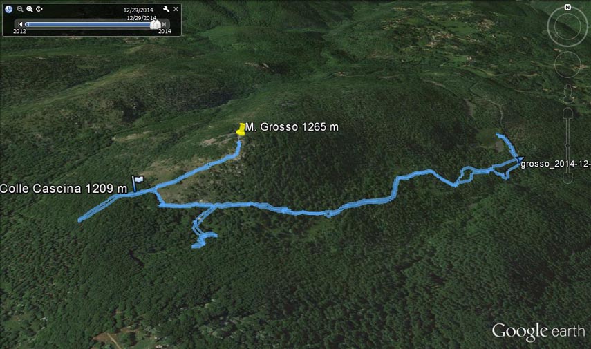 Il tracciato dell’escursione rilevato con il gps. Partenza dalla Torbiera del Laione (2,5 km sopra Piampaludo, m. 991) - svolta a destra sul sentiero per il Monte Beigua (segnavia X gialla) - pendici sud-orientali del Grosso - pendici sud-occidentali del Grosso (Colle Cascina, m. 1209) - Monte Grosso (m. 1265). Ritorno per lo stesso percorso