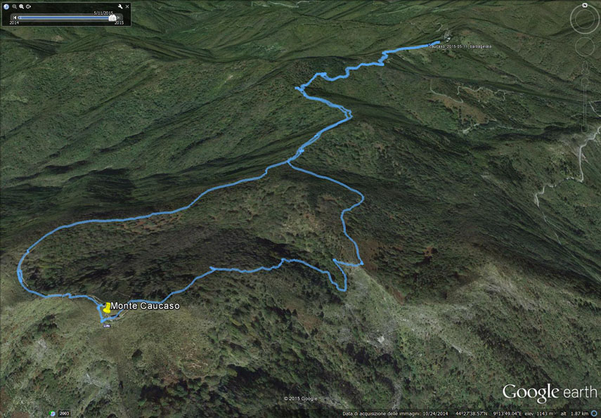 Il tracciato dell'escursione rilevato con il gps (l’anello è stato percorso in senso antiorario). Partenza da Barbagelata (m. 1115) - incrocio di Barbagelata (m. 1120) - versante sud-orientale del Monte Larnaia - Passo del Gabba (m. 1108) - Passo di Stre Biurche (m. 1109) - versante occidentale del Bric della Guardia - Monte Caucaso (m. 1245) - Rifugio Monte Caucaso (m. 1200) - versante sud-orientale del Caucaso - Rio dell’Acquapendente (m. 1075) - Passo di Stre Biurche - Passo del Gabba - Barbagelata