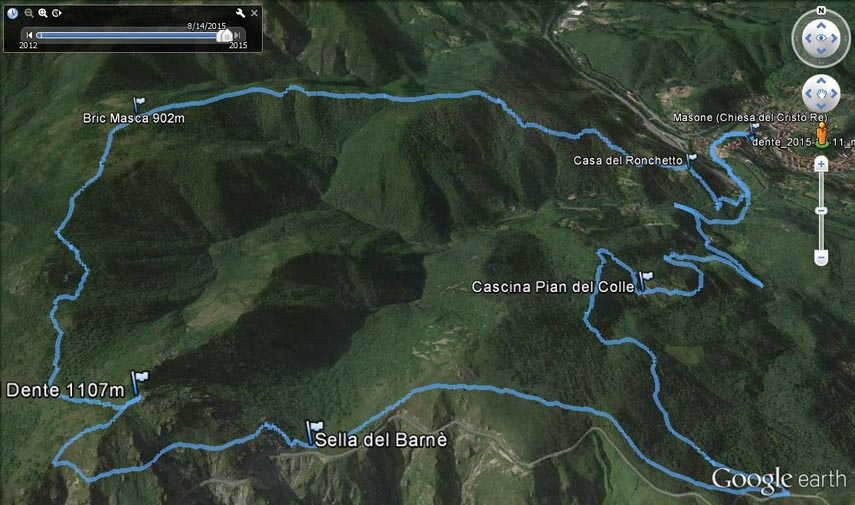 Il tracciato dell’escursione rilevato con il gps (l’anello è stato percorso in senso antiorario). Partenza dalla chiesa di Masone (m. 415) - Via Cascata del Serpente - sottopasso autostrada - Casa del Ronchetto - Collina Badè (m. 785) - Bric Masca (m. 902) - dorsale di spartiacque Stura-Orba - Rocca Gianni (m. 901) - pendici nord-ovest del Dente - Bric del Dente (m. 1107) – pendici meridionali del Dente - Sella del Barnè (m. 894) - pendici meridionali del Monte Giallo - Prato del Sambughetto (sella Giallo-Geremia, m. 775) - Cascina di Pian del Colle (m. 616) - Masone