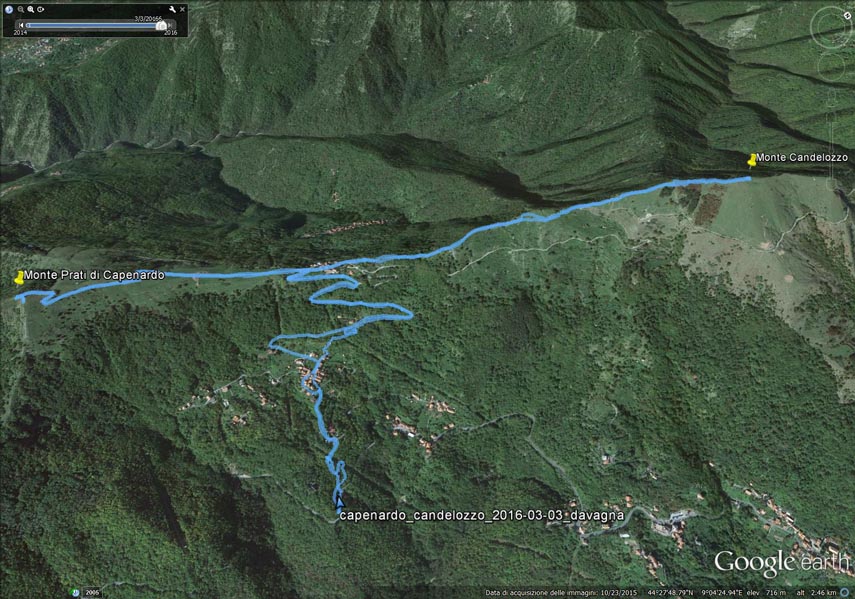 Il tracciato dell’escursione rilevato con il gps. Partenza dalla località Chiappaiolo (2 km prima di Davagna presso il bivio per Capenardo, m. 520) - Paravagna (m. 613) - Colle di Capenardo (m. 751) - Monte Prati di Capenardo (m. 854) - Colle di Capenardo - Monte Bastia (m. 885) - dorsale sud-occidentale del Candelozzo - Monte Candelozzo (m. 1036, spartiacque tirrenico-padano) - Colle di Capenardo - Paravagna - località Chiappaiolo