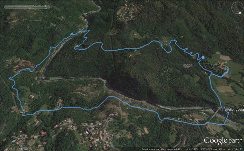 Il tracciato dell’escursione rilevato con il gps (l’anello è stato percorso in senso orario). Partenza dal ponte della provinciale sull’Orba (1,5 km sotto Tiglieto) - ponte romanico sull’Orba (quercia di Napoleone) - attraversamento della provinciale (bivio per gli impianti sportivi) - Casa Bertalin - Rio Masino (m. 454) - bivio Case Reborina (m. 480) - ponte sul Rio della Gerla (Rian dra Gerla) - Ferriera Inferiore (Frera da Bassu, m. 412) - ponte di ferro sull’Orba - Casa Quizza - provinciale Urbe-Tiglieto - Badia di Tiglieto (m. 378) - ponte della provinciale sull’Orba