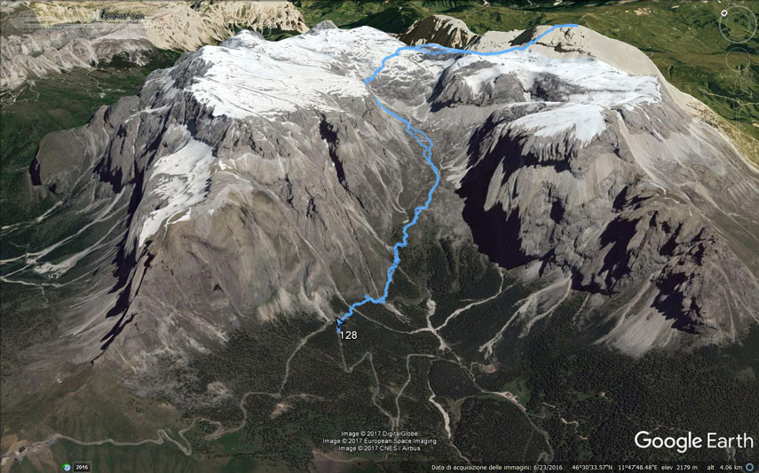 Il tracciato dell’escursione rilevato con il gps. Partenza dal tornante di quota 2053 della strada statale 242 di Passo Sella (versante Val di Fassa) - sentiero n. 656 fino a Pian de Siela (m. 2283) - sentiero n. 647 - Forcella d’Antersas (m. 2839) - Antersas (m. 2907) - Rifugio Boè (m. 2871) - Piz Boè (Rifugio Capanna Fassa, m. 3152). Al ritorno stesso itinerario di salita eccetto il tratto compreso tra il Rifugio Boè e la Forcella d’Antersas dove ho percorso il sentiero attrezzato n. 647A (che taglia a mezzacosta la parete occidentale dell’Antersas e che presenta un breve tratto molto esposto)