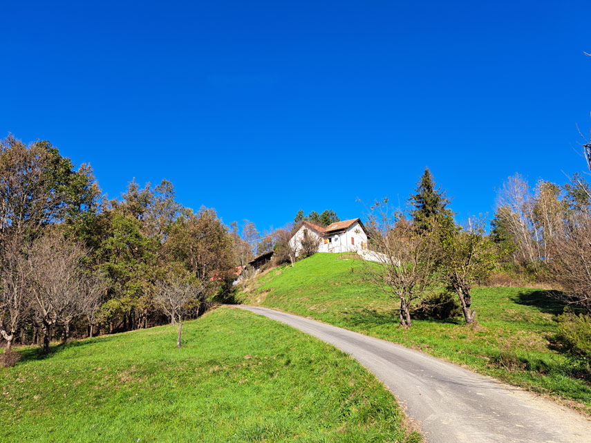 Il sentiero sbuca in località Bertalin e in breve arrivo alla chiesa di Tiglieto